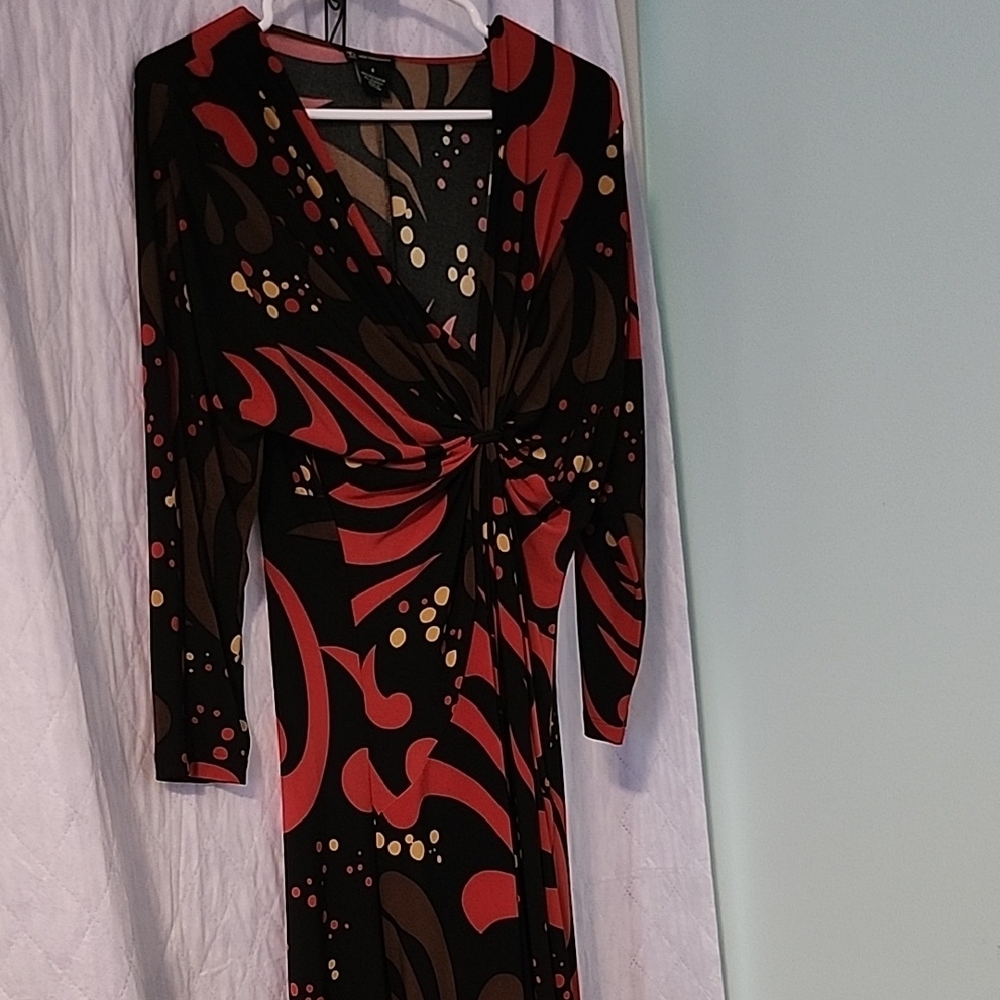New Directions Red and Black Swirl Long Sleeve Dress. (#4793)